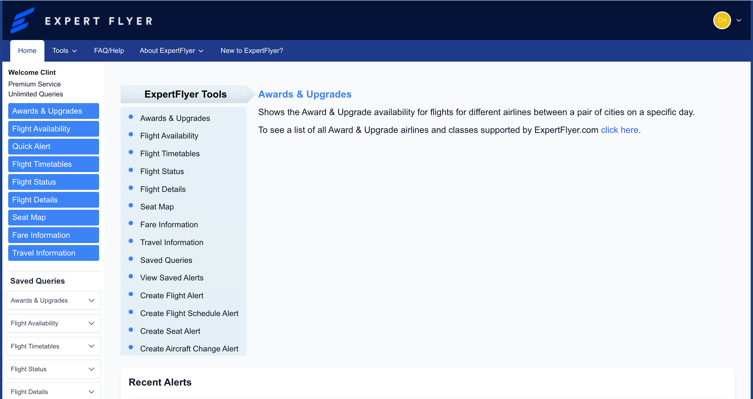ExpertFlyer (owned by TPG parent company Red Ventures) home page.